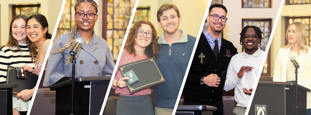 collage of photos from Dirigo Induction Ceremony with students holding pins and certificates