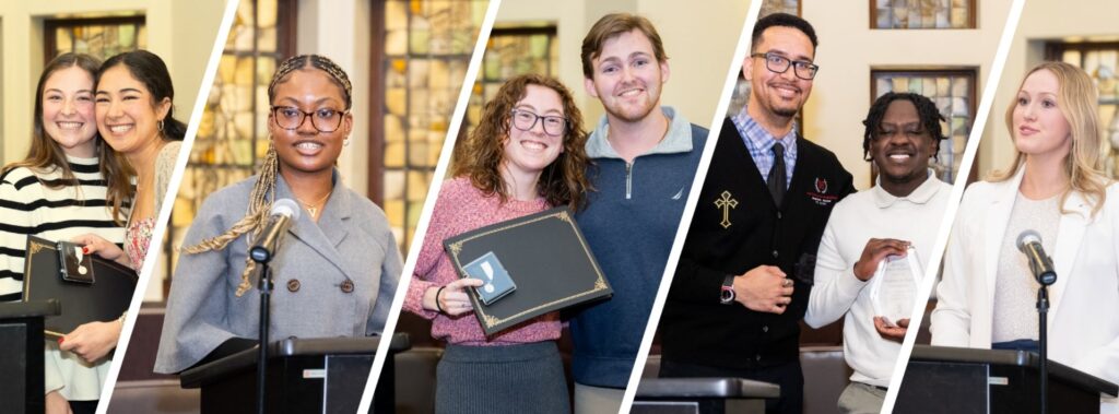collage of photos from Dirigo Induction Ceremony with students holding pins and certificates