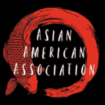 Asian Am association logo black background red fish
